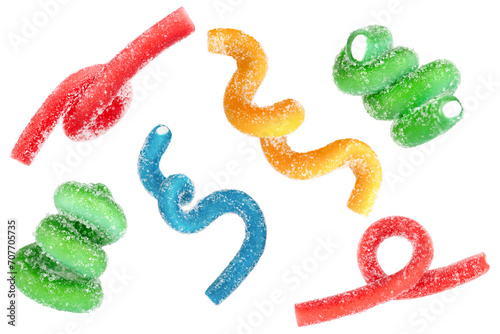 Levitation of colored jelly candy strips in sugar sprinkles isolated on transparent background.