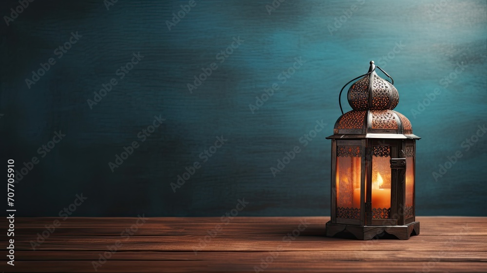 Islamic lantern on table with copy space. islamic background. Ramadan, Hijrah, New year