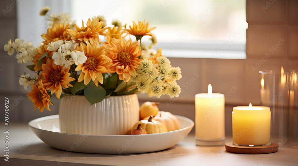 Cozy autumn background with pumpkin, candles and vase with spring summer flowers with copy space in white and orange colours, Valentine day, 8 March, Mother day, 14 February, International Women Day