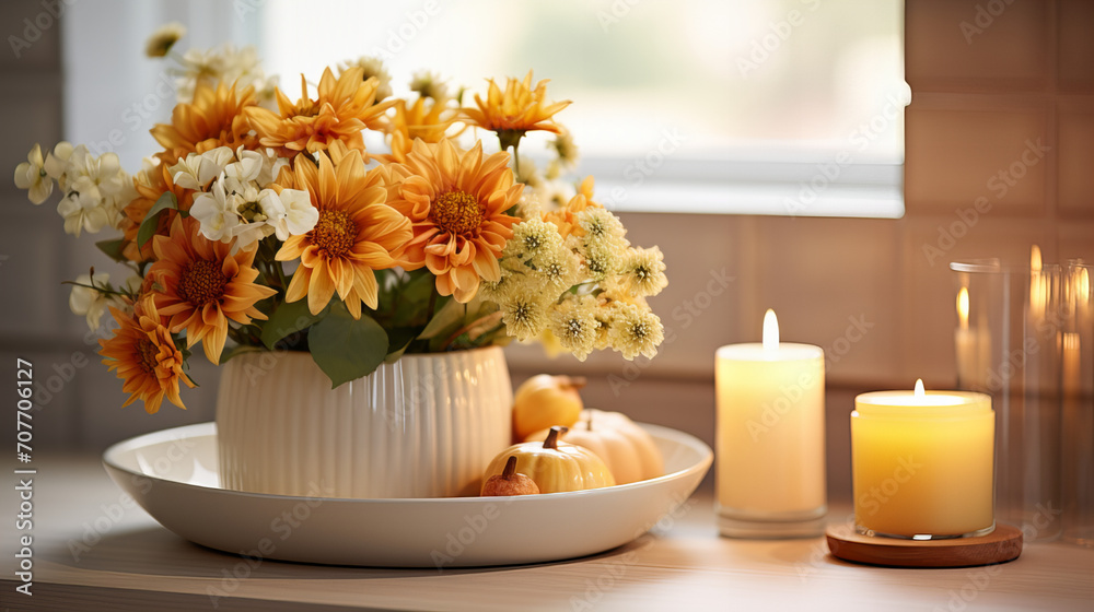 Cozy autumn background with pumpkin, candles and vase with spring summer flowers with copy space in white and orange colours, Valentine day, 8 March, Mother day, 14 February, International Women Day Cozy autumn background with pumpkin, candles and vase with spring summer flowers with copy space in white and orange colours, Valentine day, 8 March, Mother day, 14 February, International Women Day