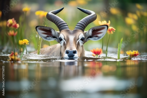 waterbuck soaked in water amongst lilies photo