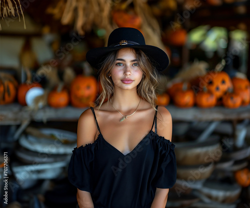 Young Woman in Hat and Dress with Halloween Pumpkins