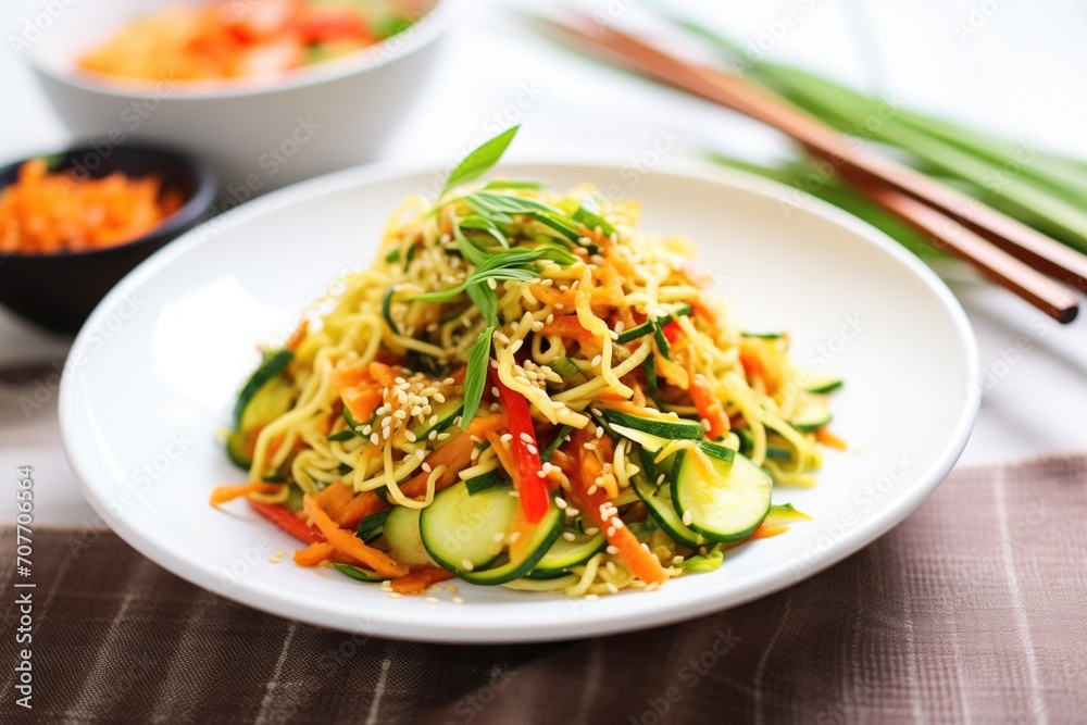 asian-inspired zucchini noodle salad with sesame seeds and carrots