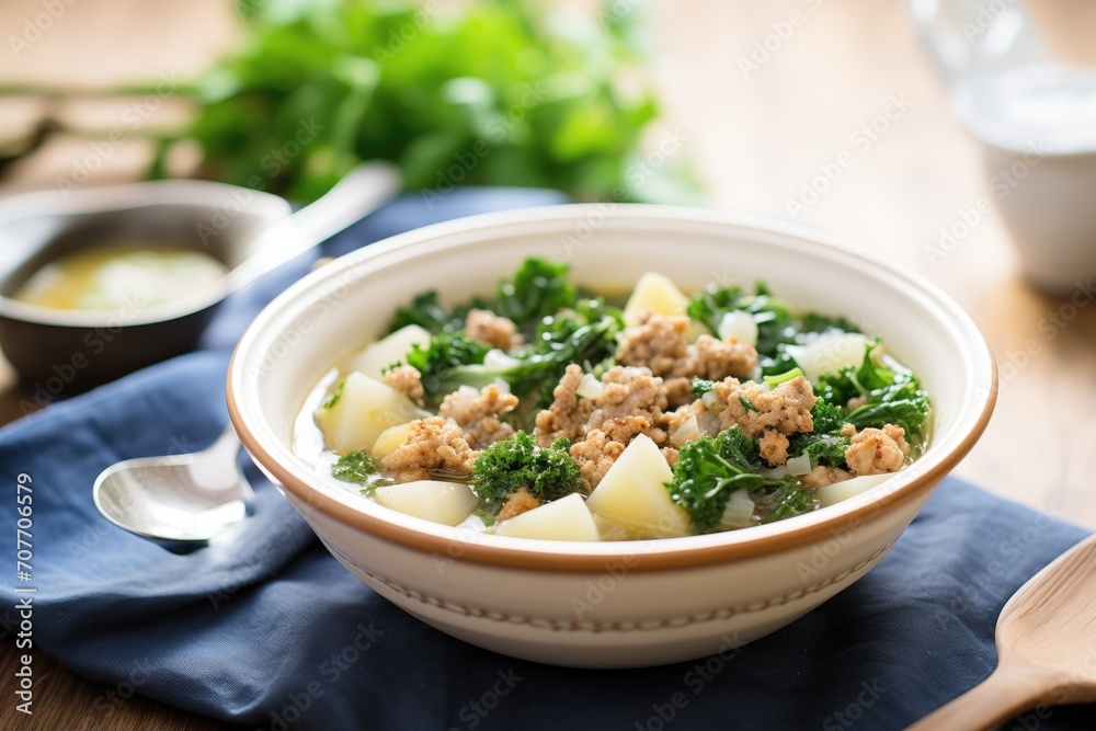 bowl of zuppa toscana with parsley garnish, spoon beside