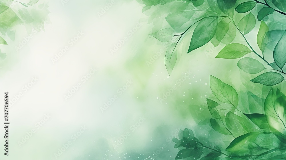 Green watercolor foliage abstract background with hand-painted leaves and splashes Green watercolor foliage abstract background with hand-painted leaves and splashes