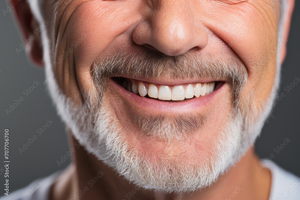 Close-up of smiling senior man with healthy teeth on grey background Close-up of smiling senior man with healthy teeth on grey background