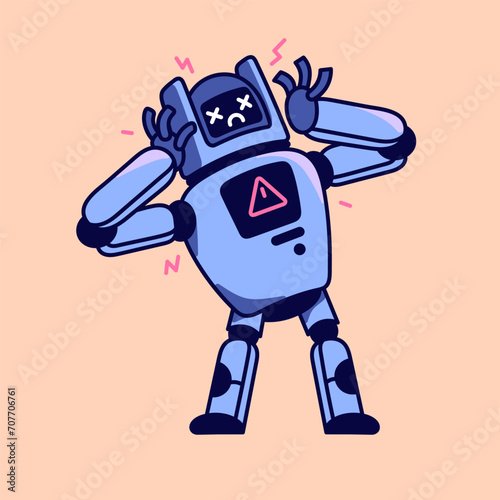 Dead cyborg with program bug. Broken robot with warning alarm symbol. Maintenance support service bot. Critical mistake, online connection error, server problems. Flat isolated vector illustration