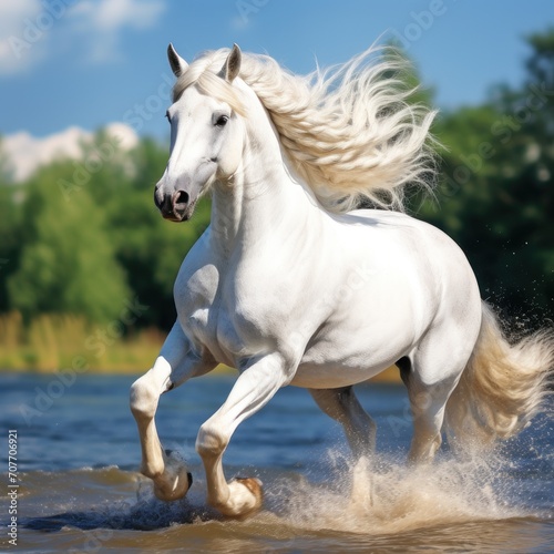 white horse stallion runs gallop