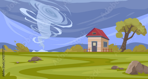 windy Landscape. tornado in country Destroying Farm, Waterspout In Countryside, twisted storm catastrophe cyclone cataclysm, vortex typhoon funnel background. vector cartoon background.