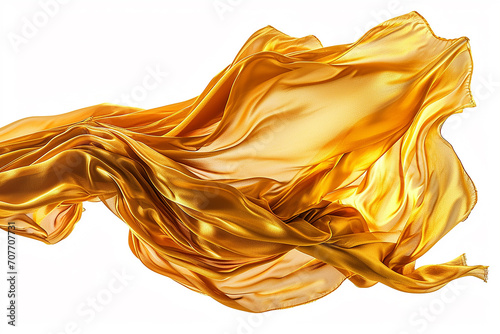 Flying Golden Silk Fabric: Waving Satin Cloth Isolated on White Background Created with generative AI tools