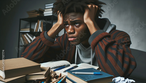 Joven Estudiante Afroamericano Llorando en el Escritorio de su Habitación por Estar Experimentando Estrés, Hartazgo y Angustia Durante la Preparación de Exámenes en un Ambiente de Estudio photo