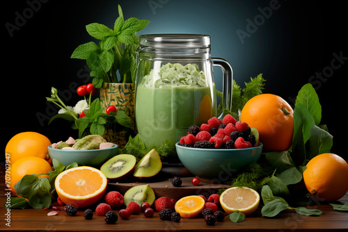 Modern blender with fresh fruits on table in kitchen. Fresh fruit and vegetables smoothie blended in blender,