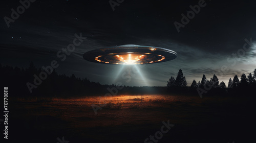 low key image of UFO hovering over a forest at night