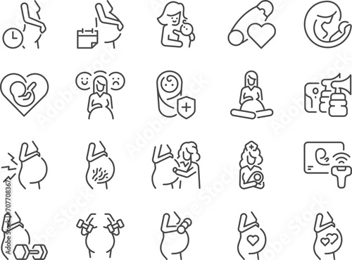 Pregnancy icon set. It included pregnant, mom, mother, Prenatal Care, and more icons. Editable Vector Stroke. 