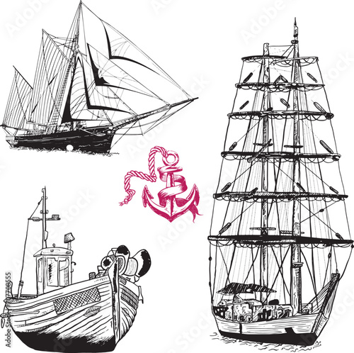Three pictures of boats with a pink anchor in the middle, hand-drawn illustration of a boat