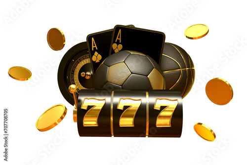 casino betting gambling mix slot machine roulette set card soccer football basketball balls banner 3d render 3d rendering illustration