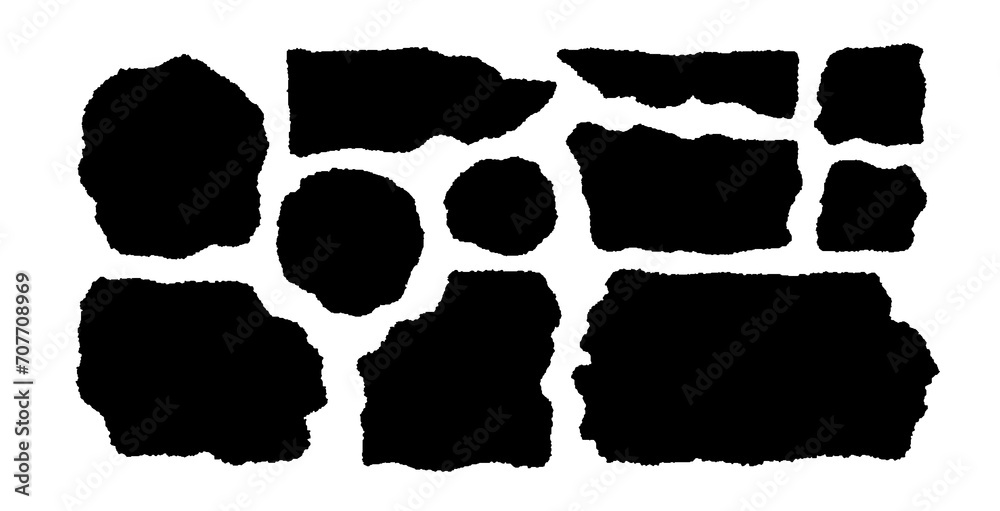 Set of torn paper frames. Black vector collage shape of ripped paper silhouettes isolated on a white background. Old vintage paper backgrounds. Abstract overlay scratched design. Vector illustration Set of torn paper frames. Black vector collage shape of ripped paper silhouettes isolated on a white background. Old vintage paper backgrounds. Abstract overlay scratched design. Vector illustration