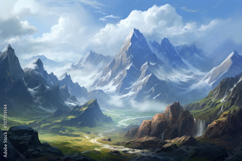 horizontal landscape with fog, forest, mountains, morning sunlight. Illustration panoramic view