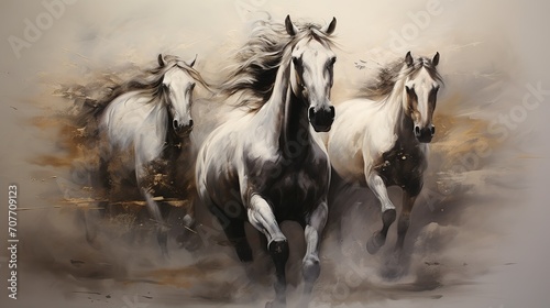 Modern painting with horses in colorful abstract style. Artistic expression of equine beauty and motion. © Ameer