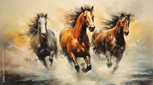 Modern painting with horses in colorful abstract style. Artistic expression of equine beauty and motion. © Ameer