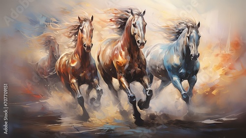 Modern painting with horses in colorful abstract style. Artistic expression of equine beauty and motion.