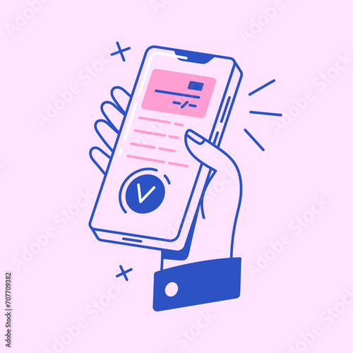 Success cashless payment in online banking app. People holding phone, pay by digital card in internet. Transaction confirmation, money transfer, remittance. Flat isolated lineart vector illustration