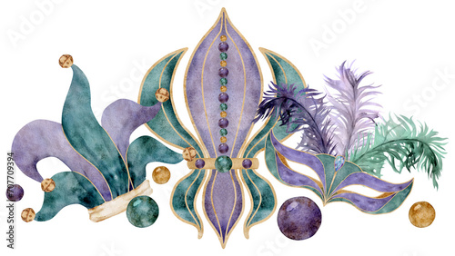 Hand drawn watercolor Mardi Gras carnival symbols. Theater masquerade mask feathers, Jester fool hat, fleur de lis beads. Composition isolated on white background. Design party invitation, print, shop