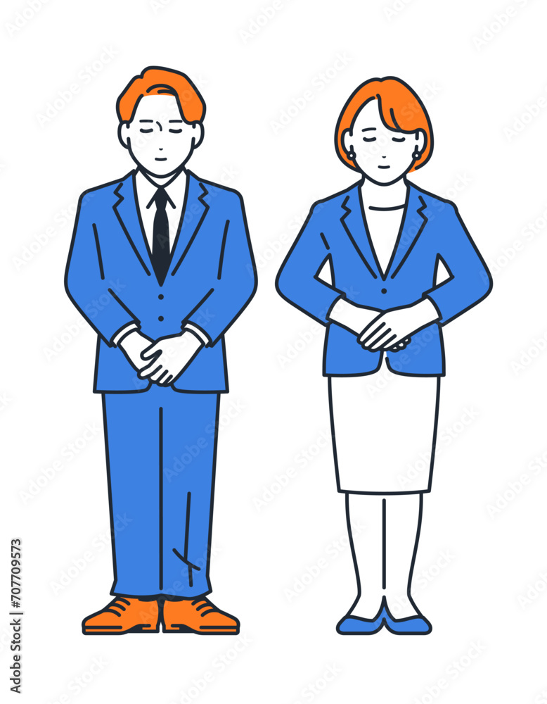 Φωτογραφία お辞儀をするスーツを着た男女のシンプルなベクターイラスト素材