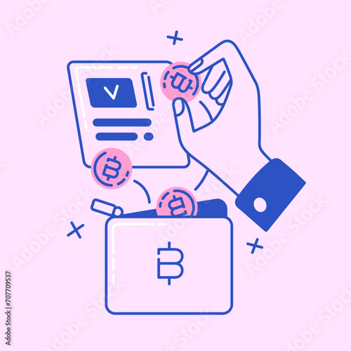 People pay with virtual crypto wallet. Contactless wireless cashless payment. Character top up account, buy cryptocurrency, online currency, digital money. Flat isolated lineart vector illustration