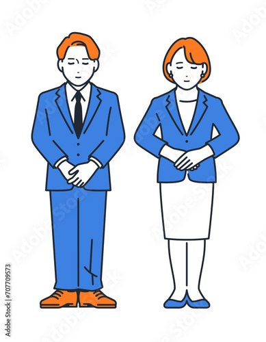 お辞儀をするスーツを着た男女のシンプルなベクターイラスト素材