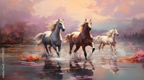 Modern painting with horses in colorful abstract style. Artistic expression of equine beauty and motion.