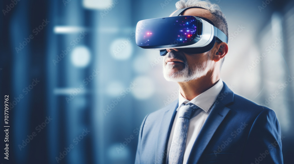 Excited office worker in vr headset or virtual reality goggles gesturing with hands, using innovative technologies for business at work Excited office worker in vr headset or virtual reality goggles gesturing with hands, using innovative technologies for business at work