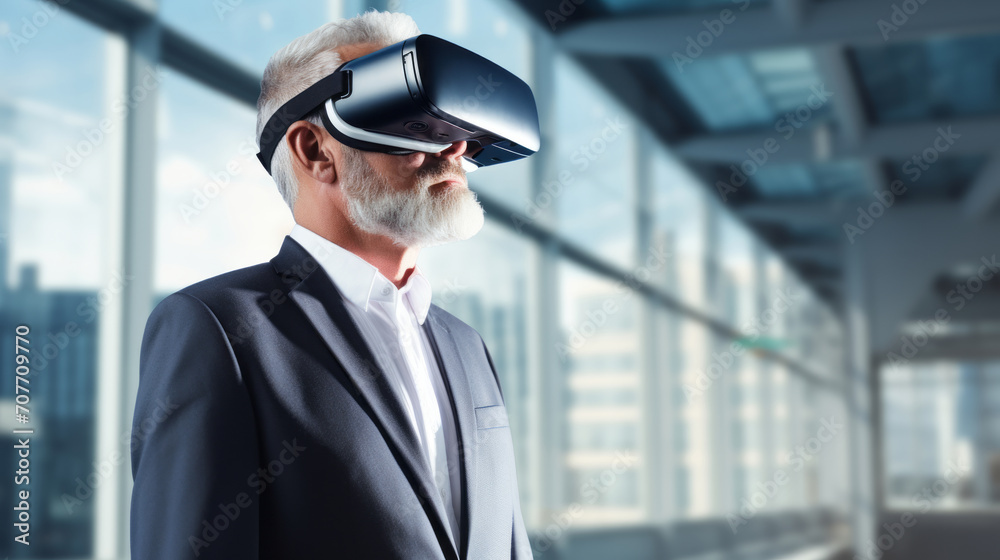 Excited office worker in vr headset or virtual reality goggles gesturing with hands, using innovative technologies for business at work Excited office worker in vr headset or virtual reality goggles gesturing with hands, using innovative technologies for business at work