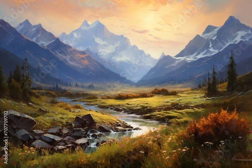 Oil painting of a mountain landscape with sunrise colors and shadows