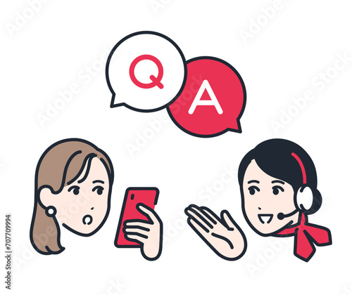 オペレーターへ質問する若い女性のシンプルなベクターアイコンイラスト素材