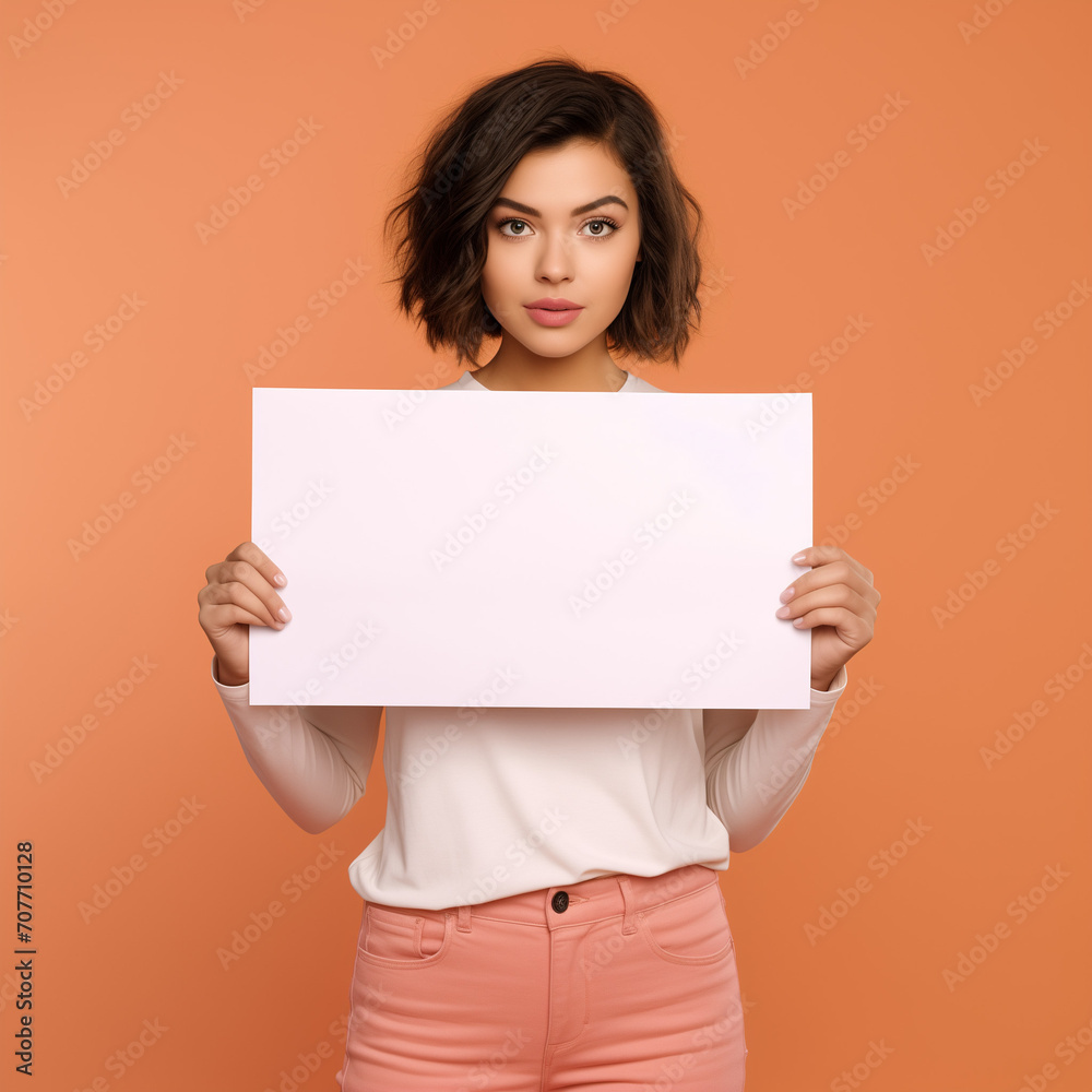 Beautiful white woman, advertising model, holds a blank placard in her hands. empty space for editing and ads. Beautiful white woman, advertising model, holds a blank placard in her hands. empty space for editing and ads.