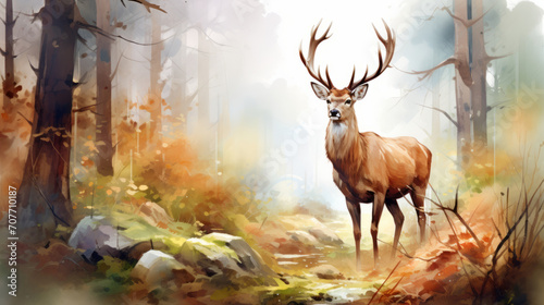 Watercolor landscape. Mountains, forest and deer.