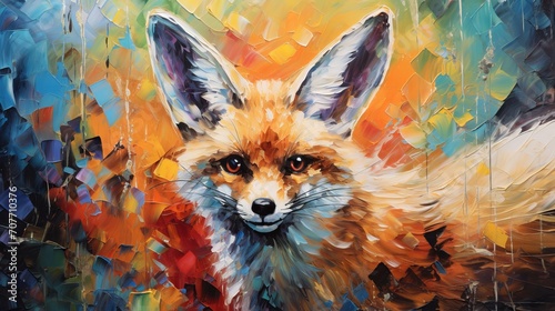Oil fox portrait painting in multicolored tones with fennec muzzle and palette knife texture photo