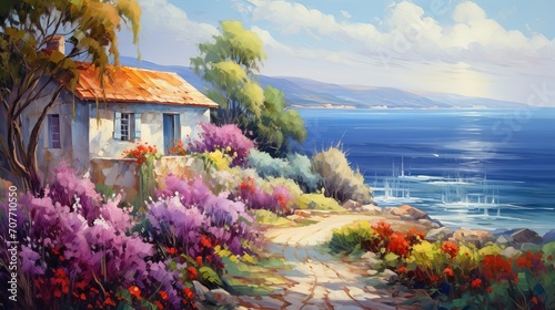 Oil painting of a cozy house near the blue sea, surrounded by colorful flowers and green trees, summer seascape with clouds and sun