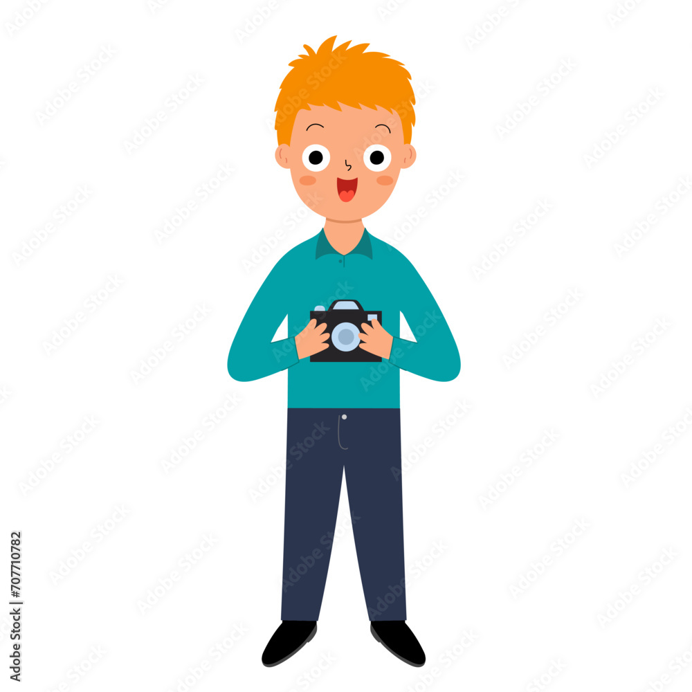 Cute photographer boy in cartoon style. Young kid standing and holding a photo camera. Learning professions clipart for school and preschool. Vector illustration Cute photographer boy in cartoon style. Young kid standing and holding a photo camera. Learning professions clipart for school and preschool. Vector illustration