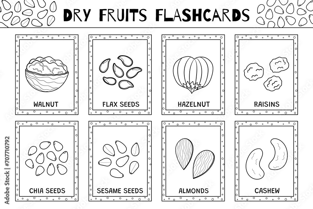 Dry fruits black and white flashcards collection. Flash cards for coloring in outline. Learn food vocabulary for school and preschool. Walnut, hazelnut, almonds and more. Vector illustration