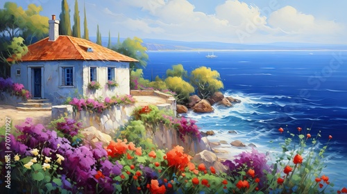 Oil painting of a cozy house near the blue sea, surrounded by colorful flowers and green trees, summer seascape with clouds and sun