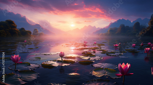 Lake covered in lotus flowers and lily pads sunrise