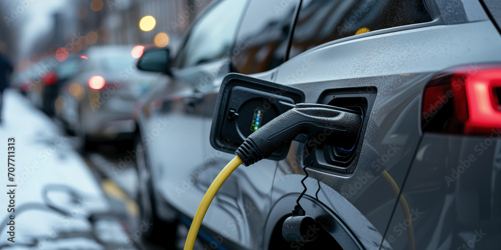 Electric car charging station. Vehicle recharging battery. Green connection, renewable energy of the future. Hybrid and sustainable car. Electric car charging station. Vehicle recharging battery. Green connection, renewable energy of the future. Hybrid and sustainable car.
