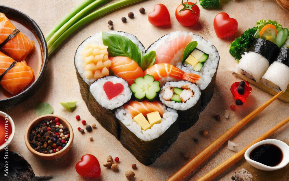 Heart shaped Valentine day sushi set. Classic sushi rolls, philadelphia, maki set for two, with two pairs of chopsticks for Valentine's dating dinner