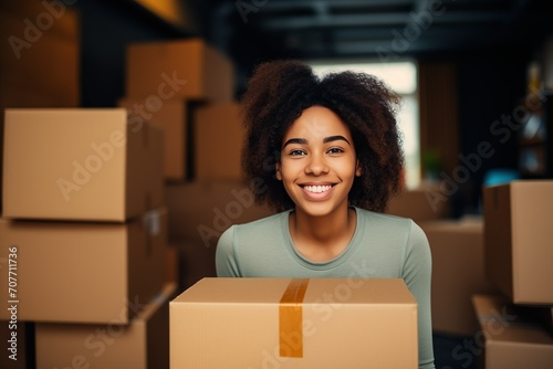 Young African American woman in a rental storage unit, storing her belongings in cardboard boxes. Moving and storage service concept © Irene