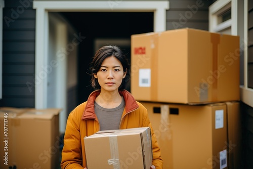 Asian woman in an orange coat carries a cardboard box during a move photo