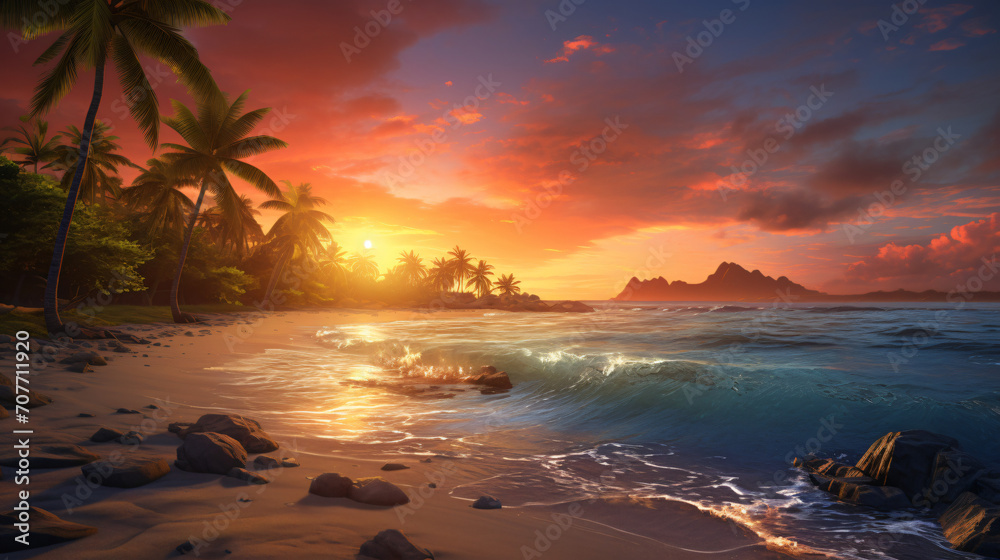 Landscape of paradise tropical island beach sunrise