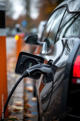 Electric car charging station. Vehicle recharging battery. Green connection, renewable energy of the future. Hybrid and sustainable car.