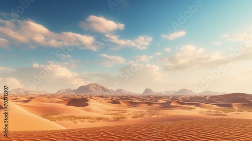 An expansive desert backdrop with sand dunes and a vast horizon